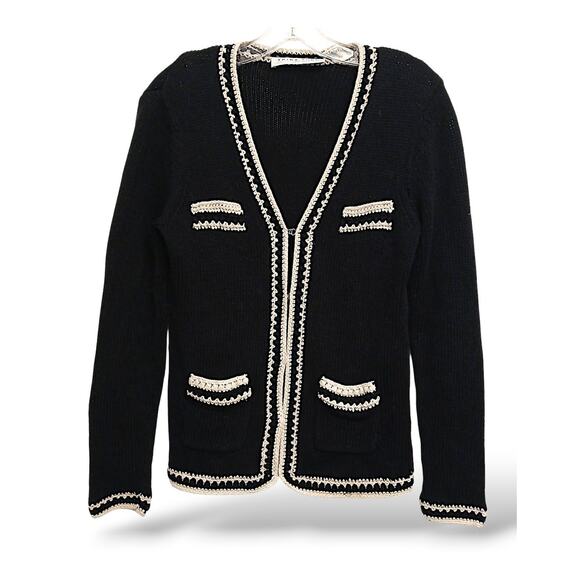 Trina Turk Crochet Cardigan Sweater Sz X Black Preppy Pockets Holiday Old Money - Picture 1 of 16